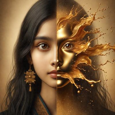The primary subject of the image is a woman with a gold face and a black face. The setting is a painting, and the visual style is a combination of digital art and illustration. The dominant colors are gold and black, creating a contrasting and striking appearance. The overall atmosphere of the painting is intriguing and thought-provoking, as it challenges the viewer to consider the meaning behind the woman's dual-faced appearance.